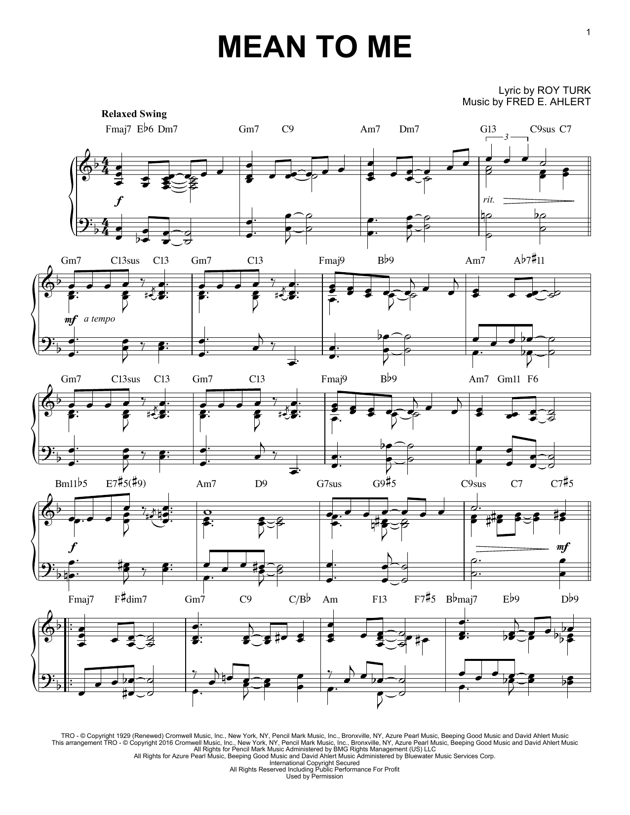 Roy Turk Mean To Me (arr. Brent Edstrom) sheet music notes and chords arranged for Piano Solo