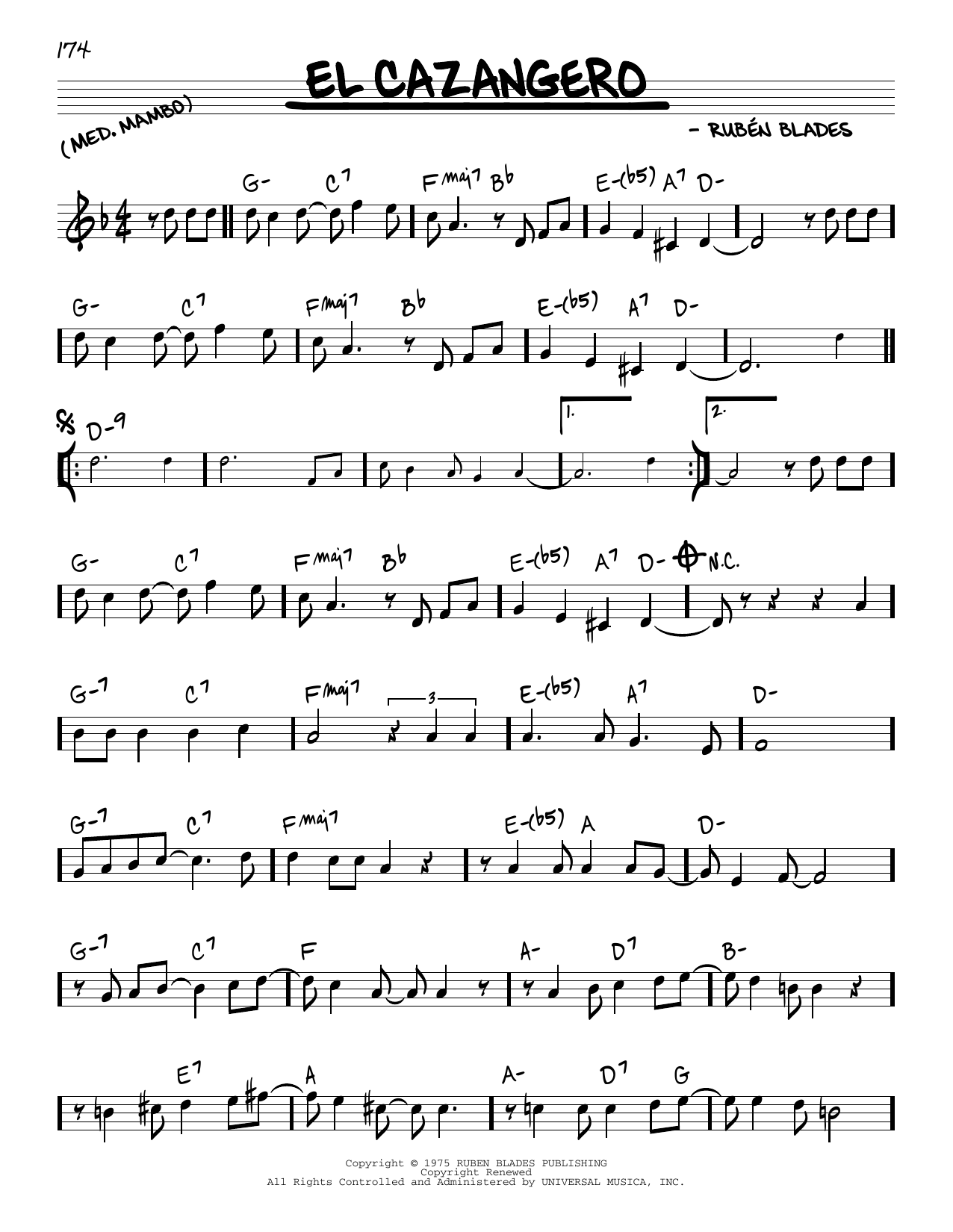 Learn to play Ruben Blades El Cazangero sheet music for Real Book – Melody & Chords in minutes. Price: 5.9900$ Ruben Blades El Cazangero sheet music notes and chords arranged for Real Book – Melody & Chords