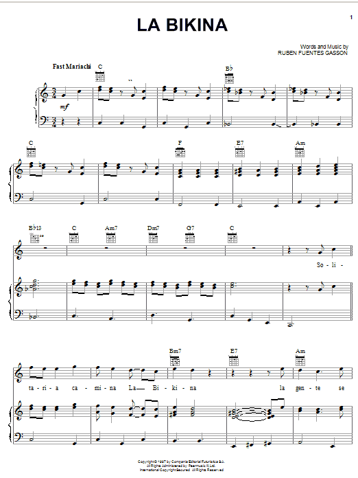 Learn to play Ruben Fuentes Gasson La Bikina sheet music for Piano, Vocal & Guitar Chords (Right-Hand Melody) in minutes. Price: 7.8900$ Ruben Fuentes Gasson La Bikina sheet music notes and chords arranged for Piano, Vocal & Guitar Chords (Right-Hand Melody)