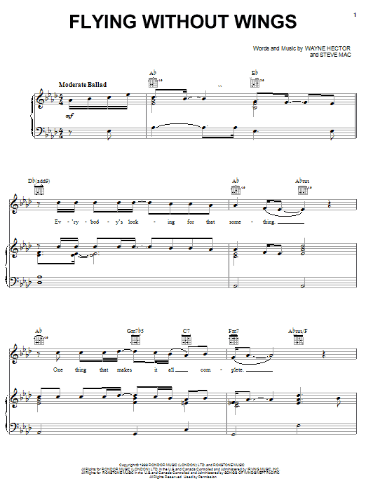 Learn to play Ruben Studdard Flying Without Wings sheet music for Piano, Vocal & Guitar Chords (Right-Hand Melody) in minutes. Price: 7.8900$ Ruben Studdard Flying Without Wings sheet music notes and chords arranged for Piano, Vocal & Guitar Chords (Right-Hand Melody)