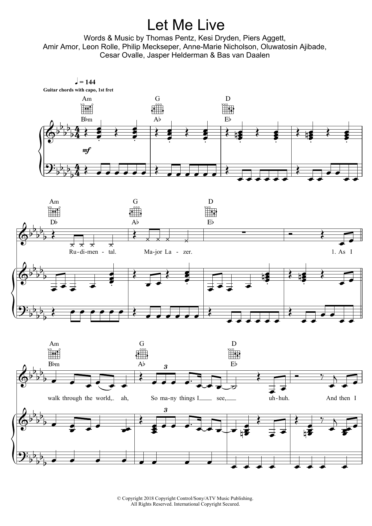 Learn to play Rudimental Let Me Live (featuring Anne-Marie and Mr. Eazi) sheet music for Piano, Vocal & Guitar Chords in minutes. Price: 7.8900$ Rudimental Let Me Live (featuring Anne-Marie and Mr. Eazi) sheet music notes and chords arranged for Piano, Vocal & Guitar Chords