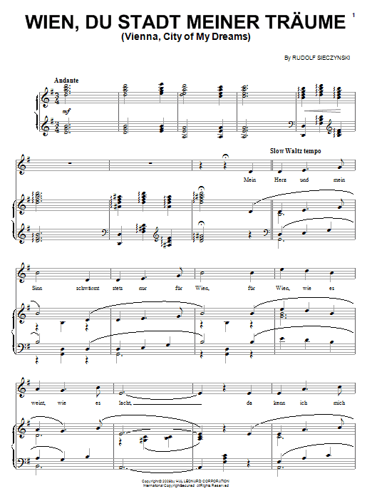 Learn to play Rudolph Sieczynski Wien, Du Stadt Meiner Traume sheet music for Piano, Vocal & Guitar Chords (Right-Hand Melody) in minutes. Price: 7.8900$ Rudolph Sieczynski Wien, Du Stadt Meiner Traume sheet music notes and chords arranged for Piano, Vocal & Guitar Chords (Right-Hand Melody)