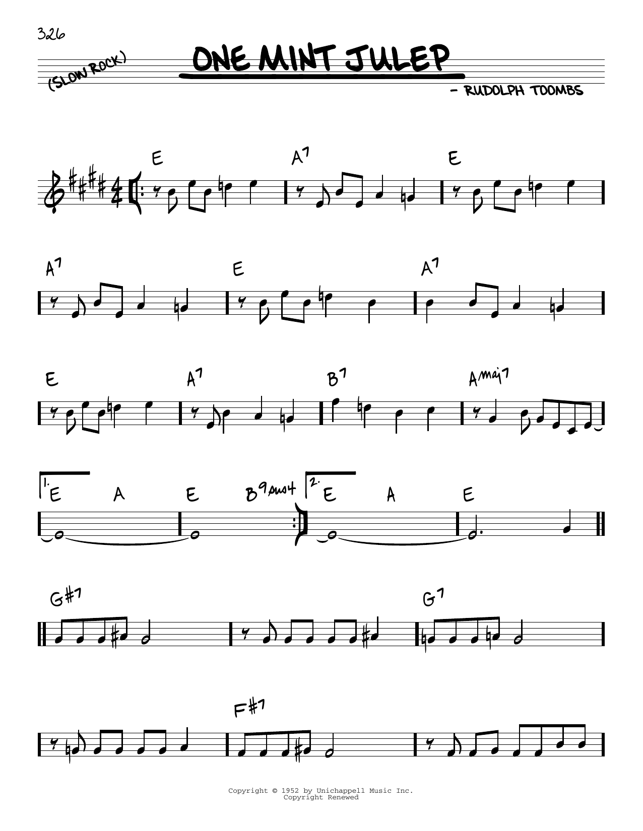 Learn to play Rudolph Toombs One Mint Julep sheet music for Real Book – Melody & Chords in minutes. Price: 5.9900$ Rudolph Toombs One Mint Julep sheet music notes and chords arranged for Real Book – Melody & Chords