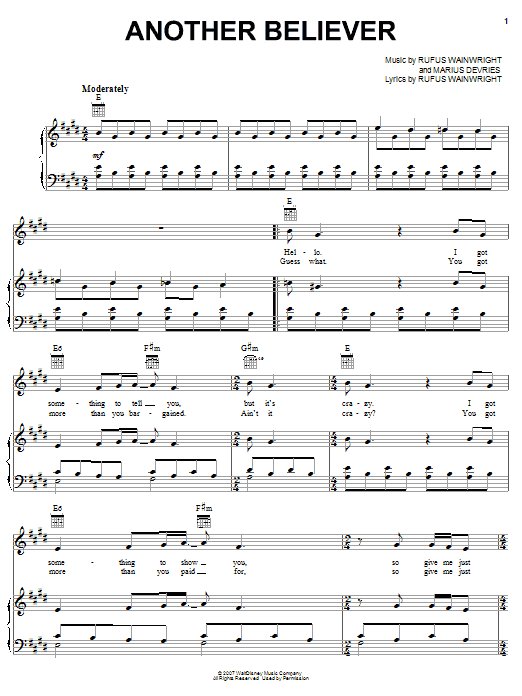 Rufus Wainwright Another Believer sheet music notes and chords. Download Printable PDF.