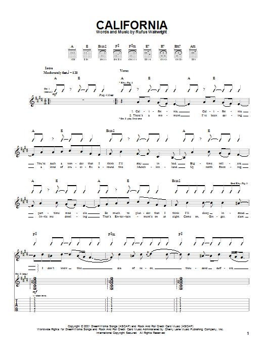 Learn to play Rufus Wainwright California sheet music for Guitar Tab in minutes. Price: 7.8900$ Rufus Wainwright California sheet music notes and chords arranged for Guitar Tab