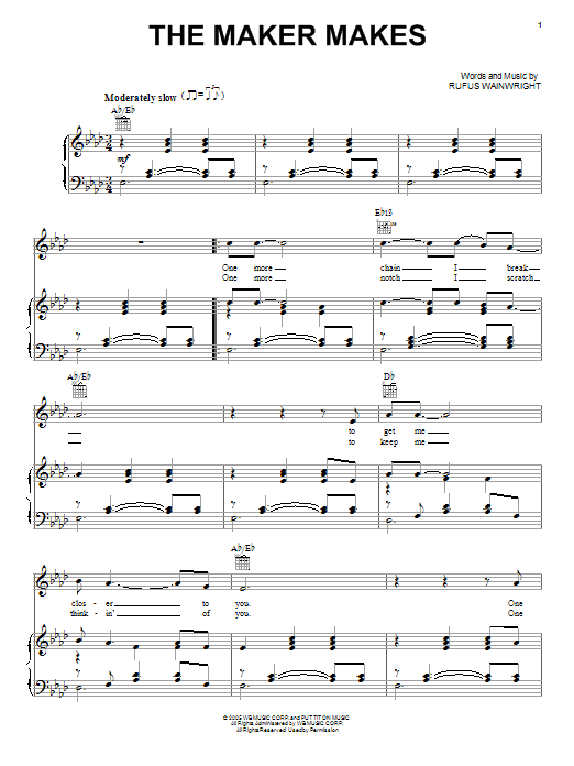 Rufus Wainwright The Maker Makes sheet music notes and chords. Download Printable PDF.