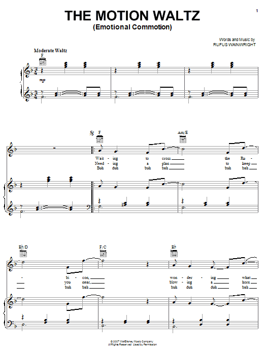 Learn to play Rufus Wainwright The Motion Waltz sheet music for Piano, Vocal & Guitar Chords (Right-Hand Melody) in minutes. Price: 7.8900$ Rufus Wainwright The Motion Waltz sheet music notes and chords arranged for Piano, Vocal & Guitar Chords (Right-Hand Melody)