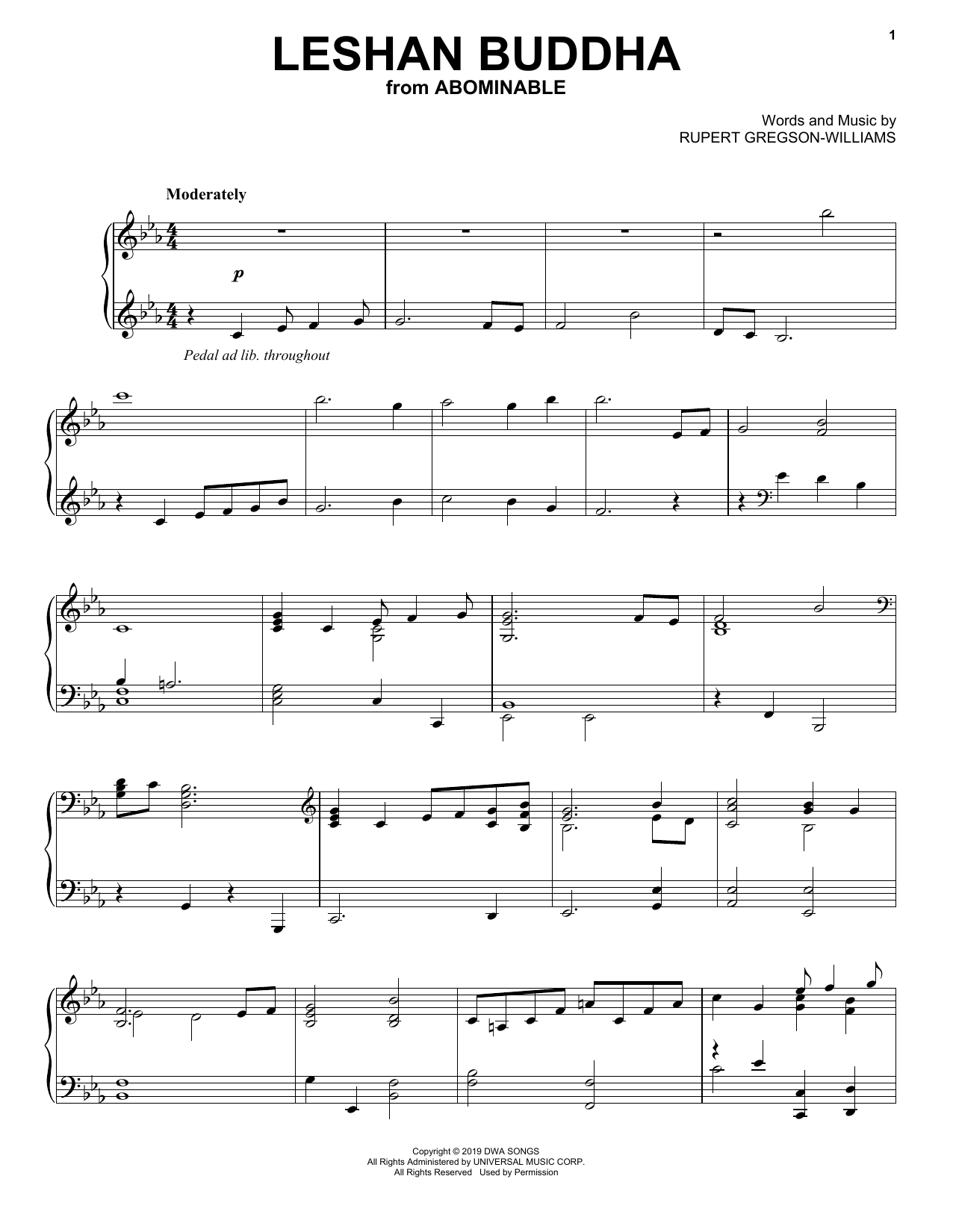 Rupert Gregson-Williams Leshan Buddha (from the Motion Picture Abominable) sheet music notes and chords. Download Printable PDF.