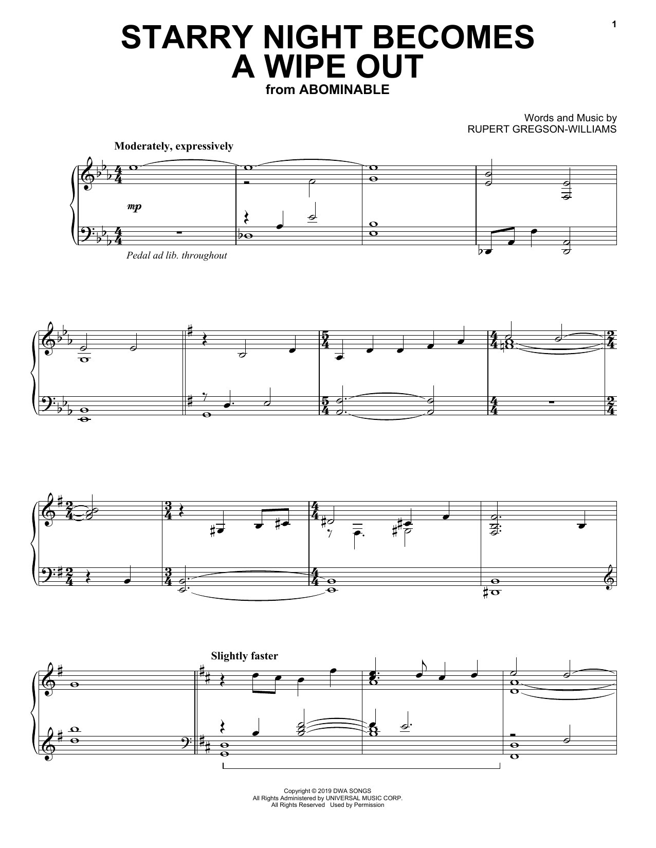 Learn to play Rupert Gregson-Williams Starry Night Becomes A Wipe Out (from the Motion Picture Abominable) sheet music for Piano Solo in minutes. Price: 7.8900$ Rupert Gregson-Williams Starry Night Becomes A Wipe Out (from the Motion Picture Abominable) sheet music notes and chords arranged for Piano Solo