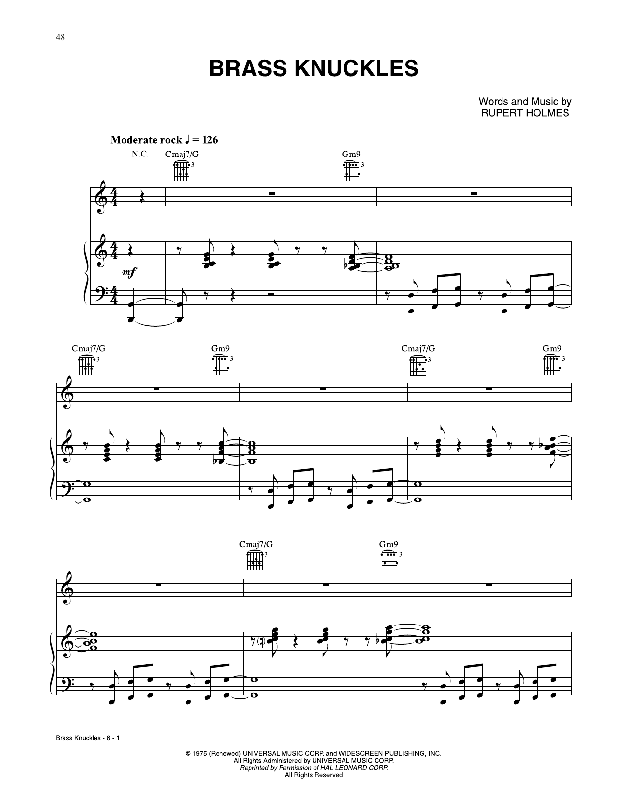 Learn to play Rupert Holmes Brass Knuckles sheet music for Piano, Vocal & Guitar Chords (Right-Hand Melody) in minutes. Price: 7.8900$ Rupert Holmes Brass Knuckles sheet music notes and chords arranged for Piano, Vocal & Guitar Chords (Right-Hand Melody)