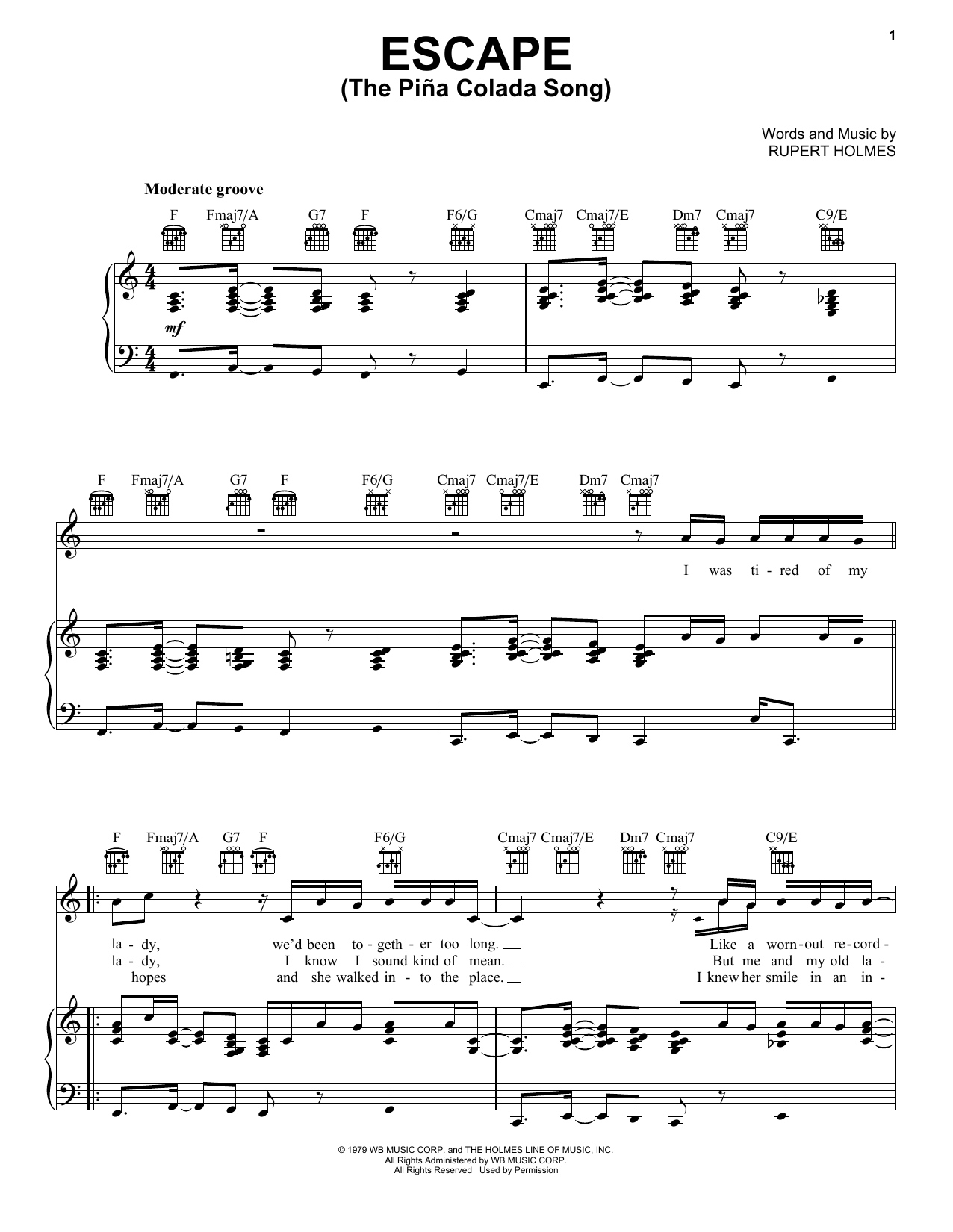 Rupert Holmes Escape (The Pina Colada Song) sheet music notes and chords. Download Printable PDF.