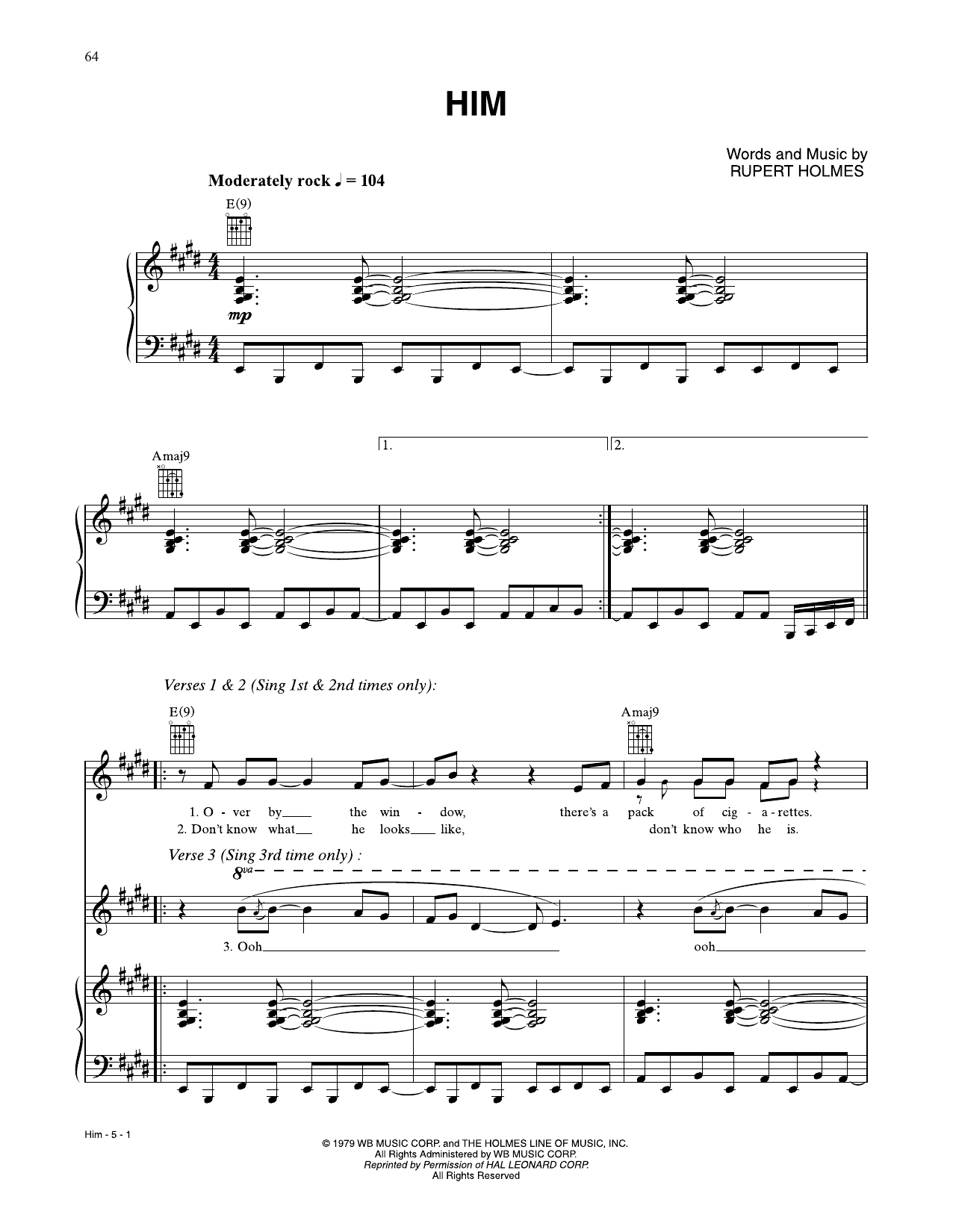 Rupert Holmes Him sheet music notes and chords arranged for Piano, Vocal & Guitar Chords (Right-Hand Melody)