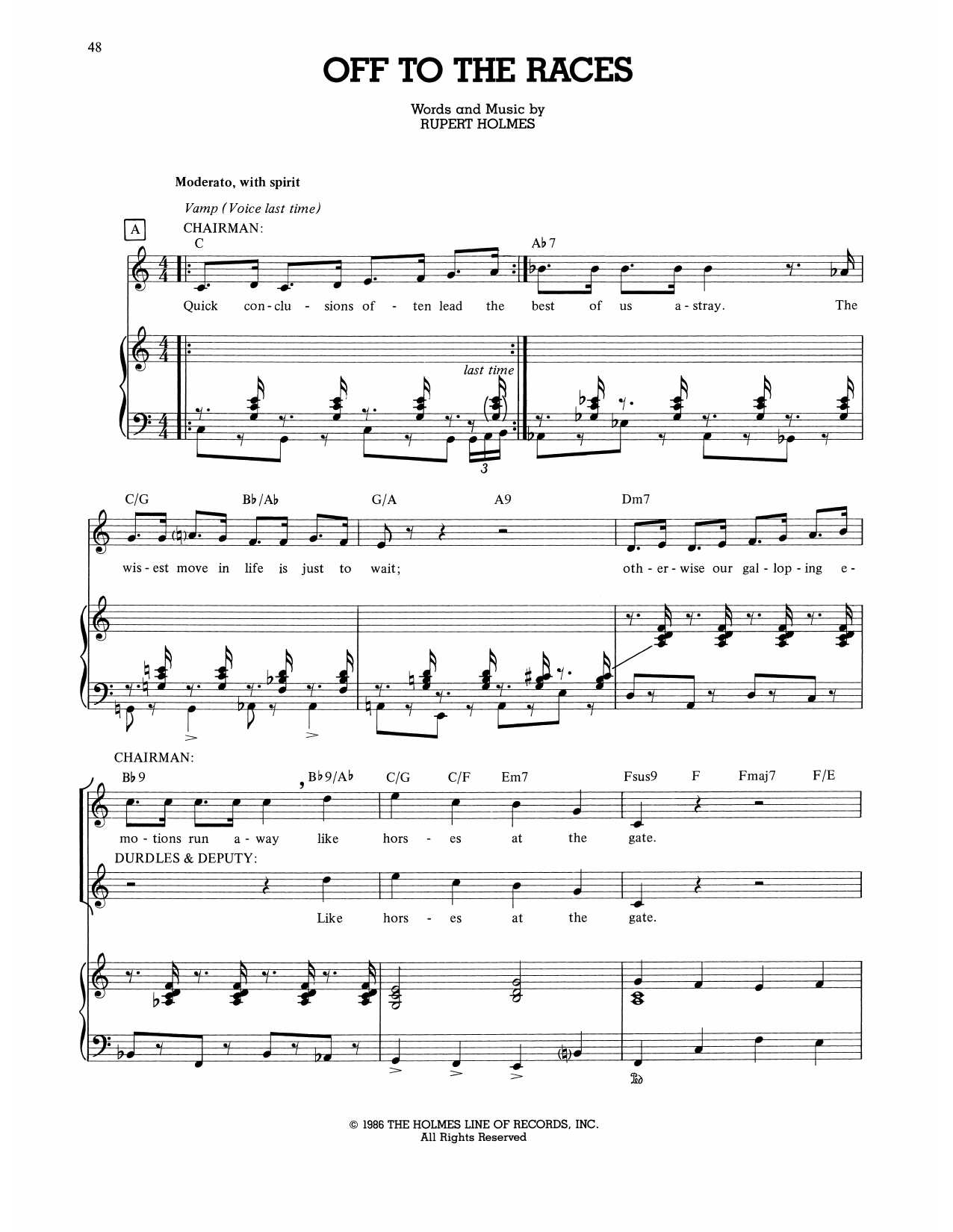 Learn to play Rupert Holmes Off To The Races (from The Mystery Of Edwin Drood) sheet music for Piano, Vocal & Guitar Chords (Right-Hand Melody) in minutes. Price: 7.8900$ Rupert Holmes Off To The Races (from The Mystery Of Edwin Drood) sheet music notes and chords arranged for Piano, Vocal & Guitar Chords (Right-Hand Melody)