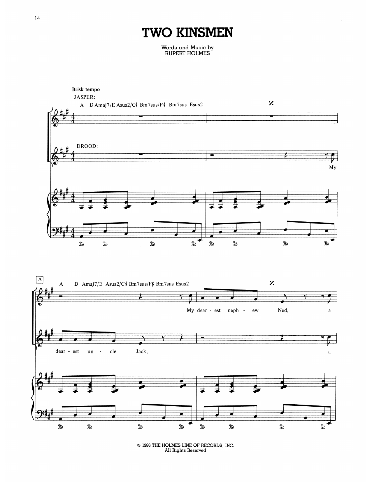 Rupert Holmes Two Kinsmen (from The Mystery Of Edwin Drood) sheet music notes and chords. Download Printable PDF.