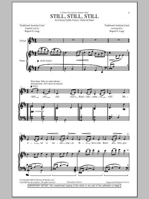 Learn to play Rupert Lang Still, Still, Still sheet music for Unison Choir in minutes. Price: 3.9900$ Rupert Lang Still, Still, Still sheet music notes and chords arranged for Unison Choir