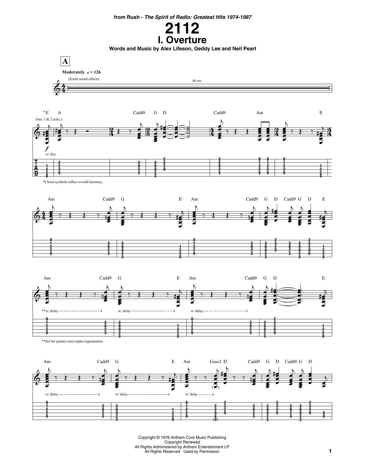 Rush 2112 - I. Overture sheet music notes and chords. Download Printable PDF.