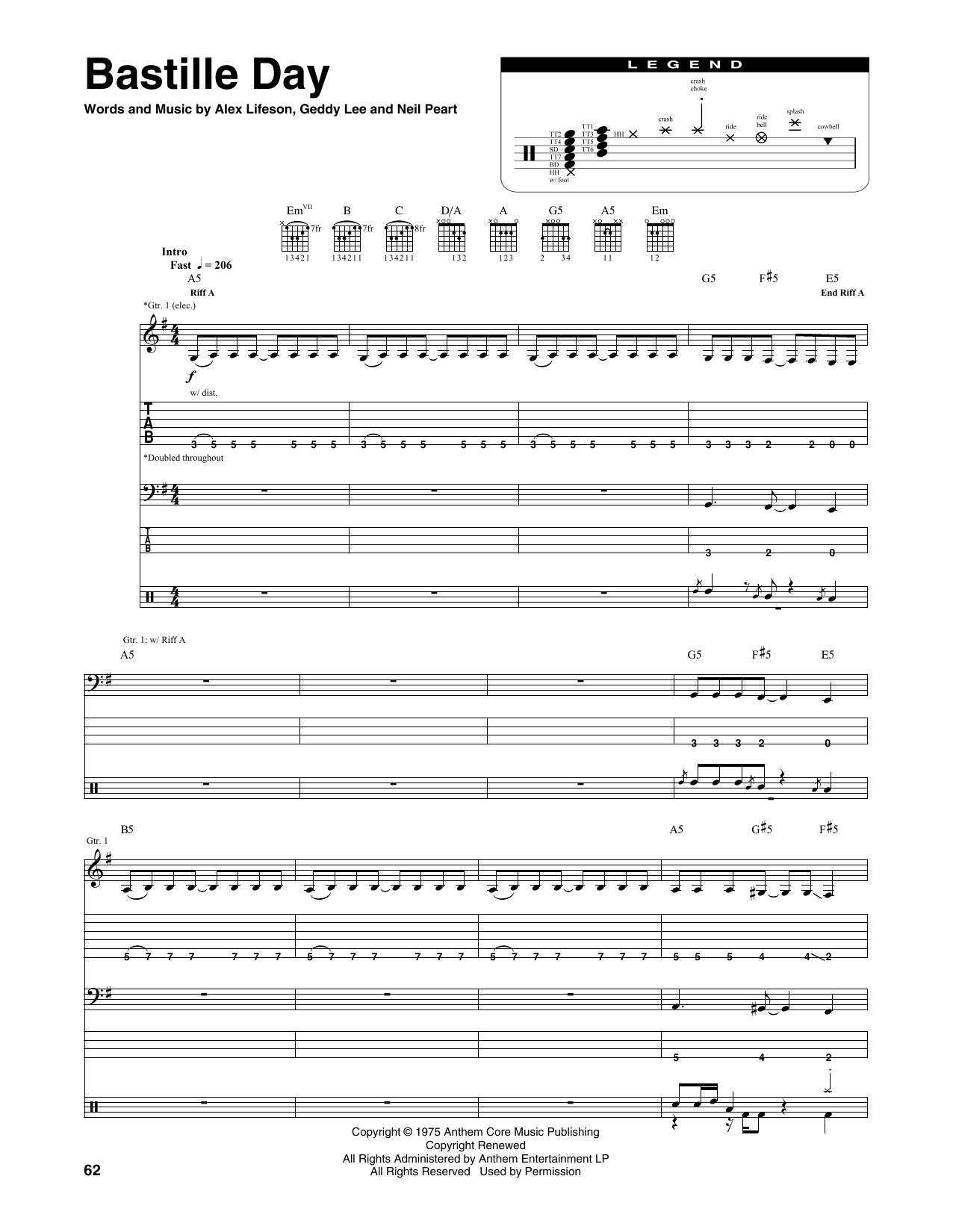 Rush Bastille Day sheet music notes and chords. Download Printable PDF.