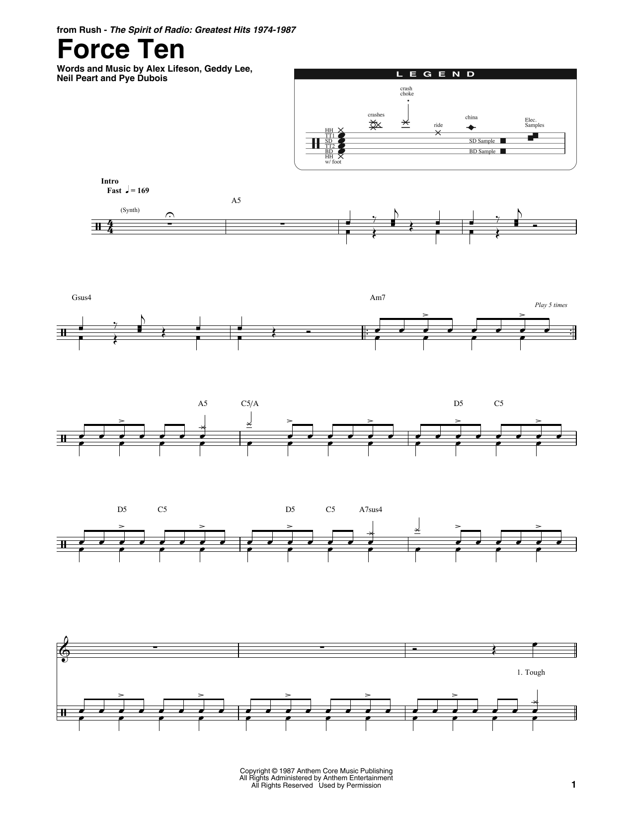 Rush Force Ten sheet music notes and chords. Download Printable PDF.