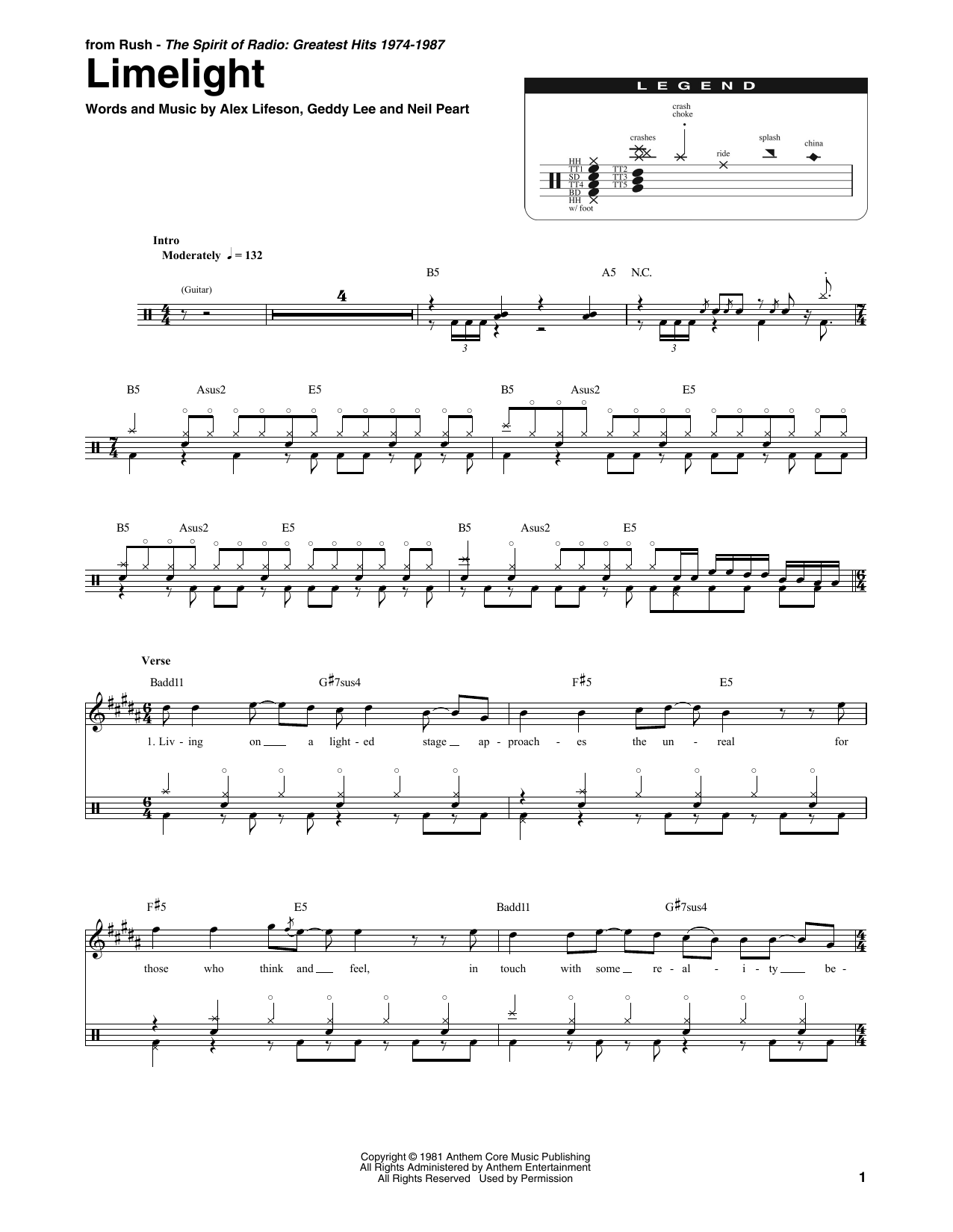 Rush Limelight sheet music notes and chords. Download Printable PDF.