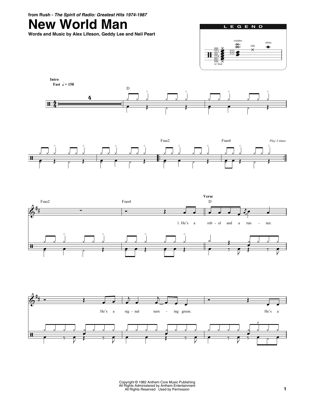 Rush New World Man sheet music notes and chords. Download Printable PDF.