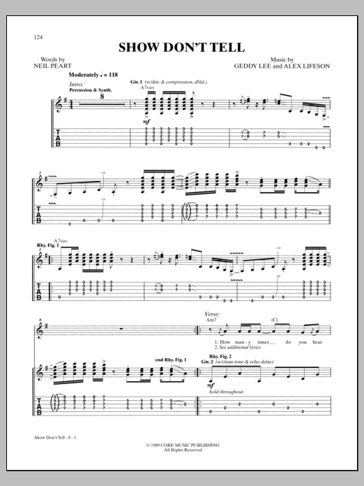 Learn to play Rush Show Don't Tell sheet music for Guitar Tab in minutes. Price: 7.8900$ Rush Show Don't Tell sheet music notes and chords arranged for Guitar Tab