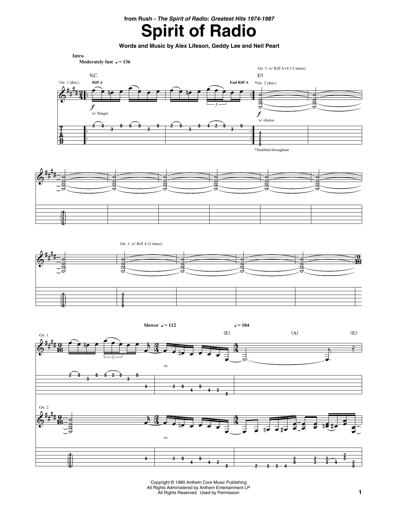 Rush Spirit Of Radio sheet music notes and chords. Download Printable PDF.