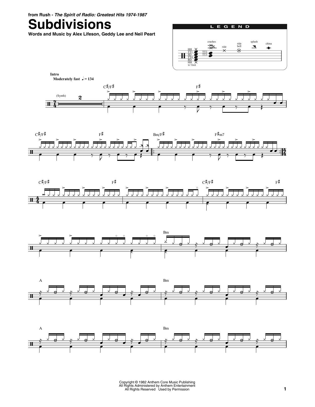 Rush Subdivisions sheet music notes and chords. Download Printable PDF.