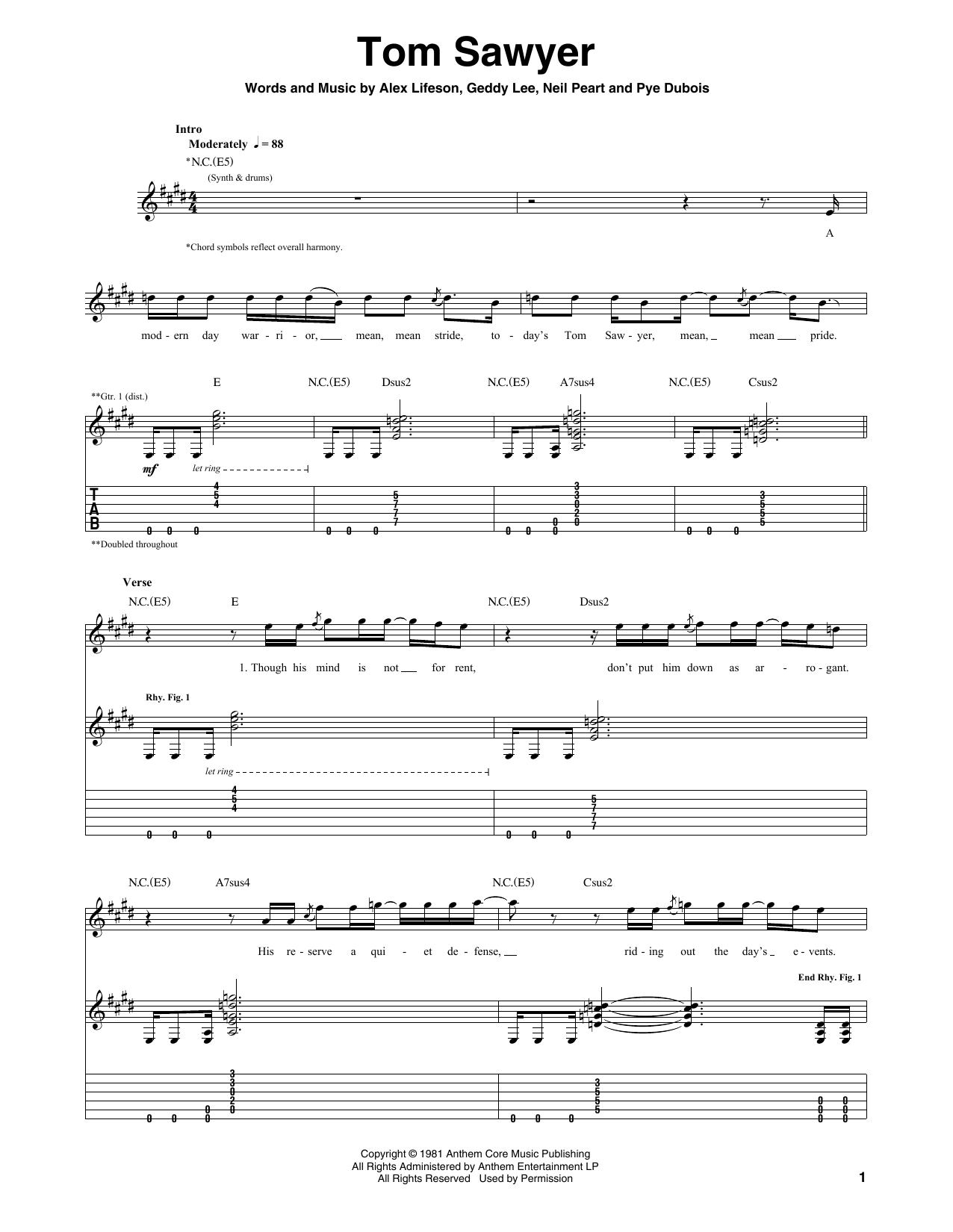 Rush Tom Sawyer sheet music notes and chords. Download Printable PDF.