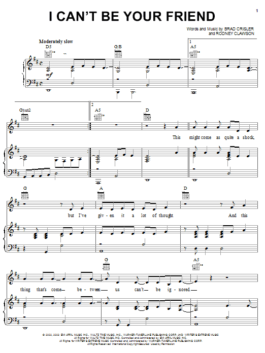 Learn to play Rushlow I Can't Be Your Friend sheet music for Piano, Vocal & Guitar Chords (Right-Hand Melody) in minutes. Price: 7.8900$ Rushlow I Can't Be Your Friend sheet music notes and chords arranged for Piano, Vocal & Guitar Chords (Right-Hand Melody)