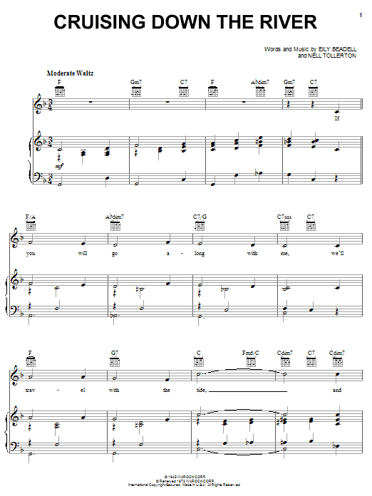 Learn to play Russ Morgan Cruising Down The River sheet music for Piano, Vocal & Guitar Chords (Right-Hand Melody) in minutes. Price: 7.8900$ Russ Morgan Cruising Down The River sheet music notes and chords arranged for Piano, Vocal & Guitar Chords (Right-Hand Melody)