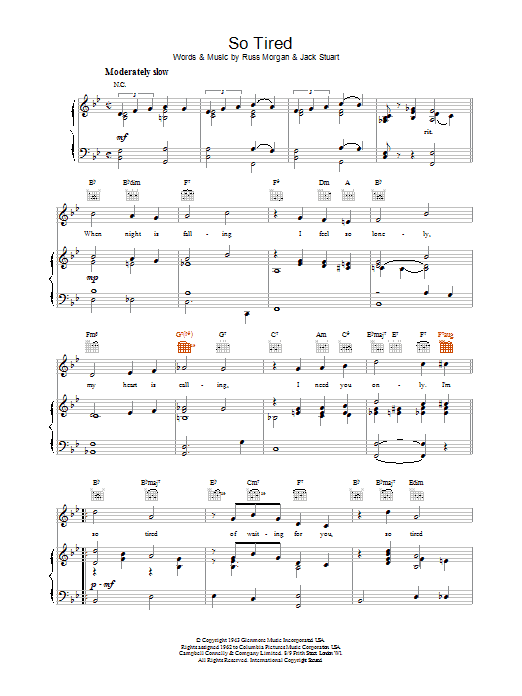Russ Morgan & Jack Stuart So Tired sheet music notes and chords arranged for Piano, Vocal & Guitar Chords