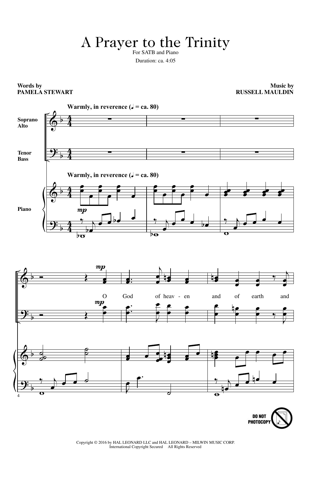Learn to play Russell Mauldin A Prayer To The Trinity sheet music for SATB Choir in minutes. Price: 3.9900$ Russell Mauldin A Prayer To The Trinity sheet music notes and chords arranged for SATB Choir
