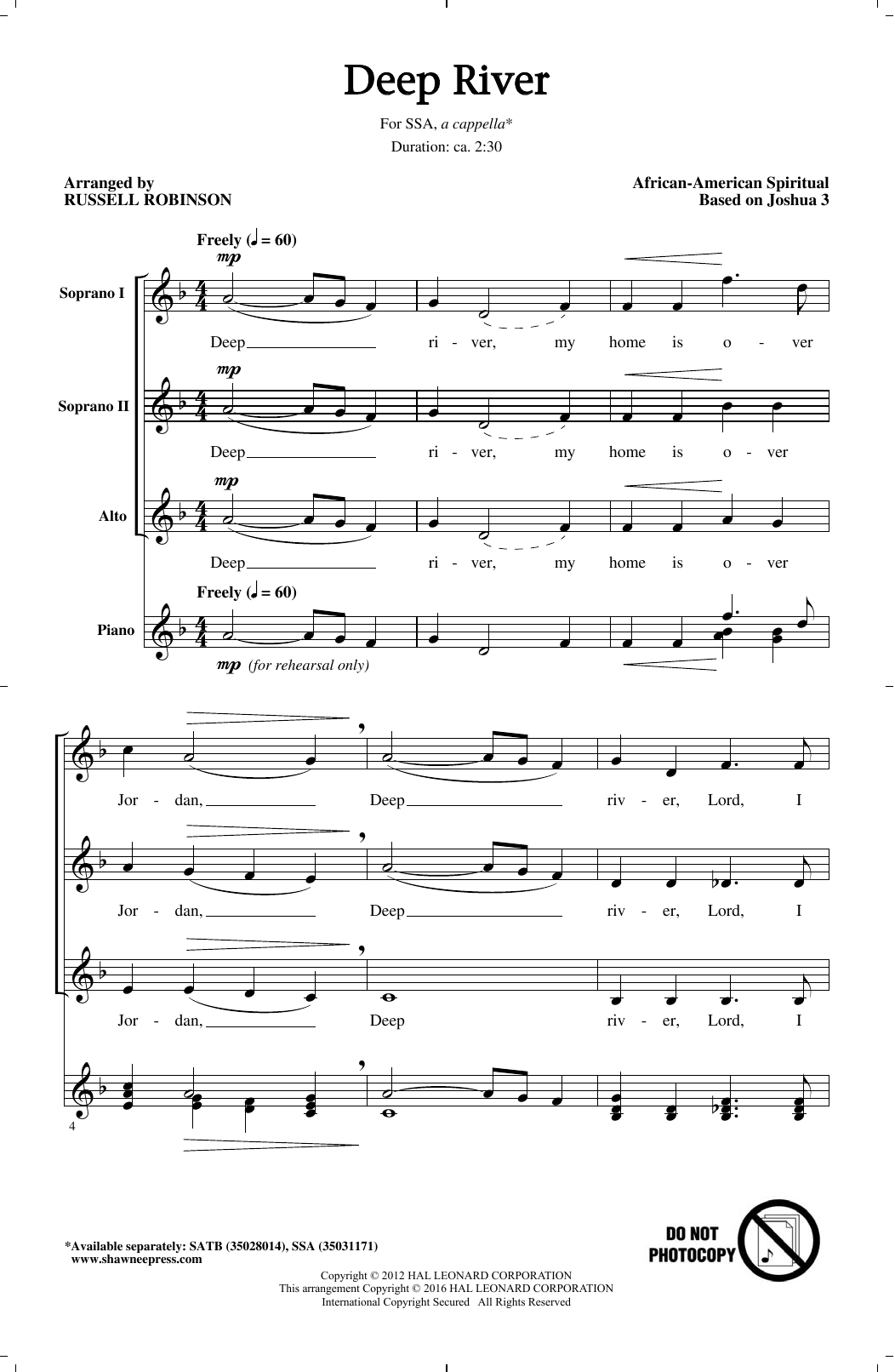 Russell Robinson Deep River sheet music notes and chords. Download Printable PDF.