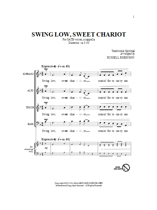 Russell Robinson Swing Low, Sweet Chariot sheet music notes and chords. Download Printable PDF.