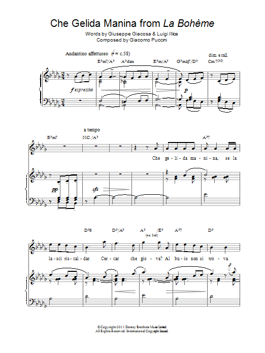 Learn to play Russell Watson Che Gelida Manina (from La Boheme) sheet music for Piano, Vocal & Guitar Chords in minutes. Price: 7.8900$ Russell Watson Che Gelida Manina (from La Boheme) sheet music notes and chords arranged for Piano, Vocal & Guitar Chords