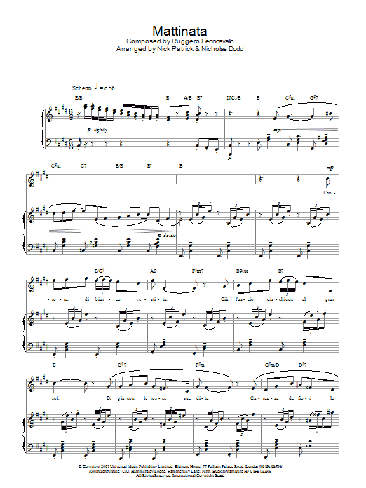 Learn to play Russell Watson Mattinata sheet music for Piano, Vocal & Guitar Chords in minutes. Price: 7.8900$ Russell Watson Mattinata sheet music notes and chords arranged for Piano, Vocal & Guitar Chords