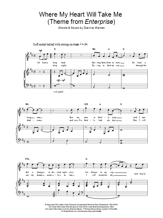 Learn to play Russell Watson Where My Heart Will Take Me (theme from Star Trek: Enterprise) sheet music for Piano, Vocal & Guitar Chords in minutes. Price: 7.8900$ Russell Watson Where My Heart Will Take Me (theme from Star Trek: Enterprise) sheet music notes and chords arranged for Piano, Vocal & Guitar Chords
