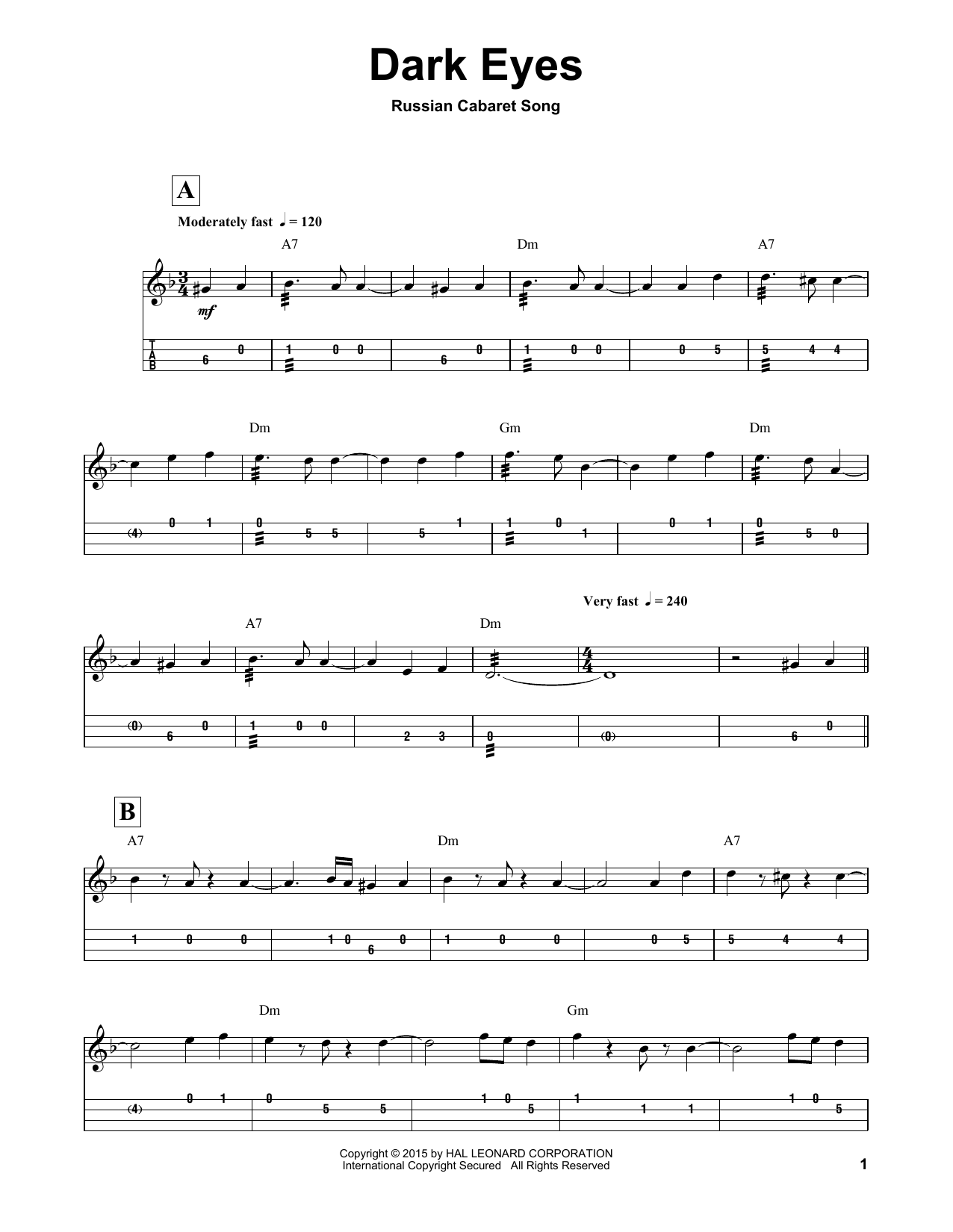 Russian Cabaret Song Dark Eyes sheet music notes and chords. Download Printable PDF.