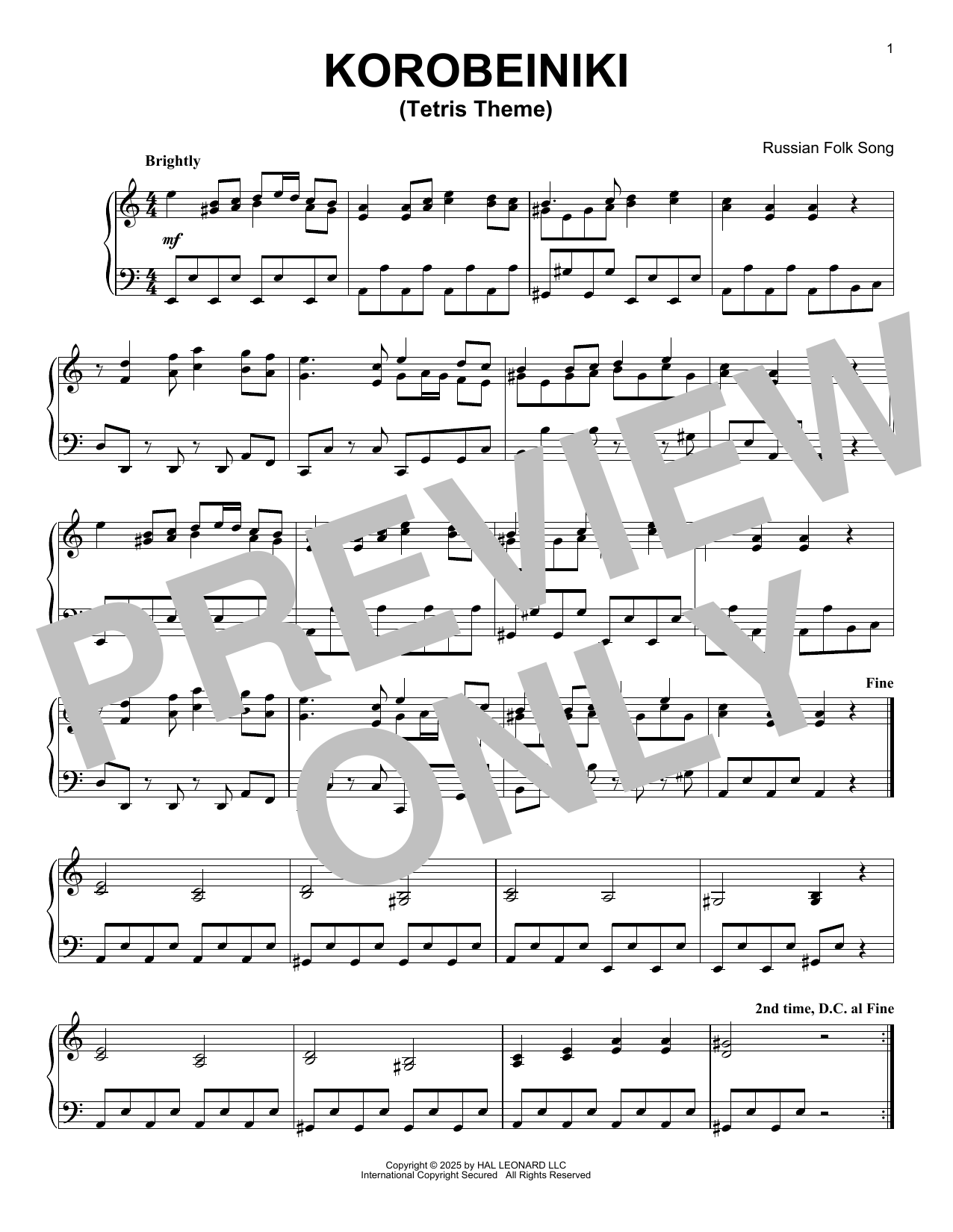 Russian Folk Korobeiniki Tetris Theme sheet music notes and chords arranged for Easy Piano Solo