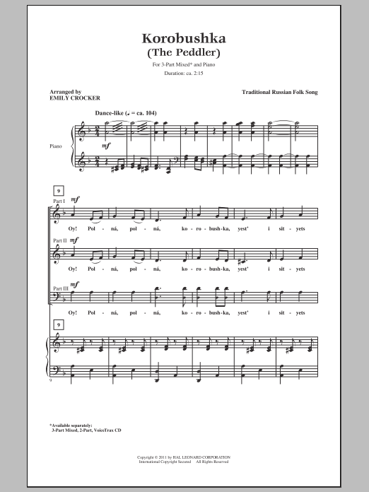 Learn to play Russian Folk Song Korobushka (arr. Emily Crocker) sheet music for 3-Part Mixed Choir in minutes. Price: 3.9900$ Russian Folk Song Korobushka (arr. Emily Crocker) sheet music notes and chords arranged for 3-Part Mixed Choir