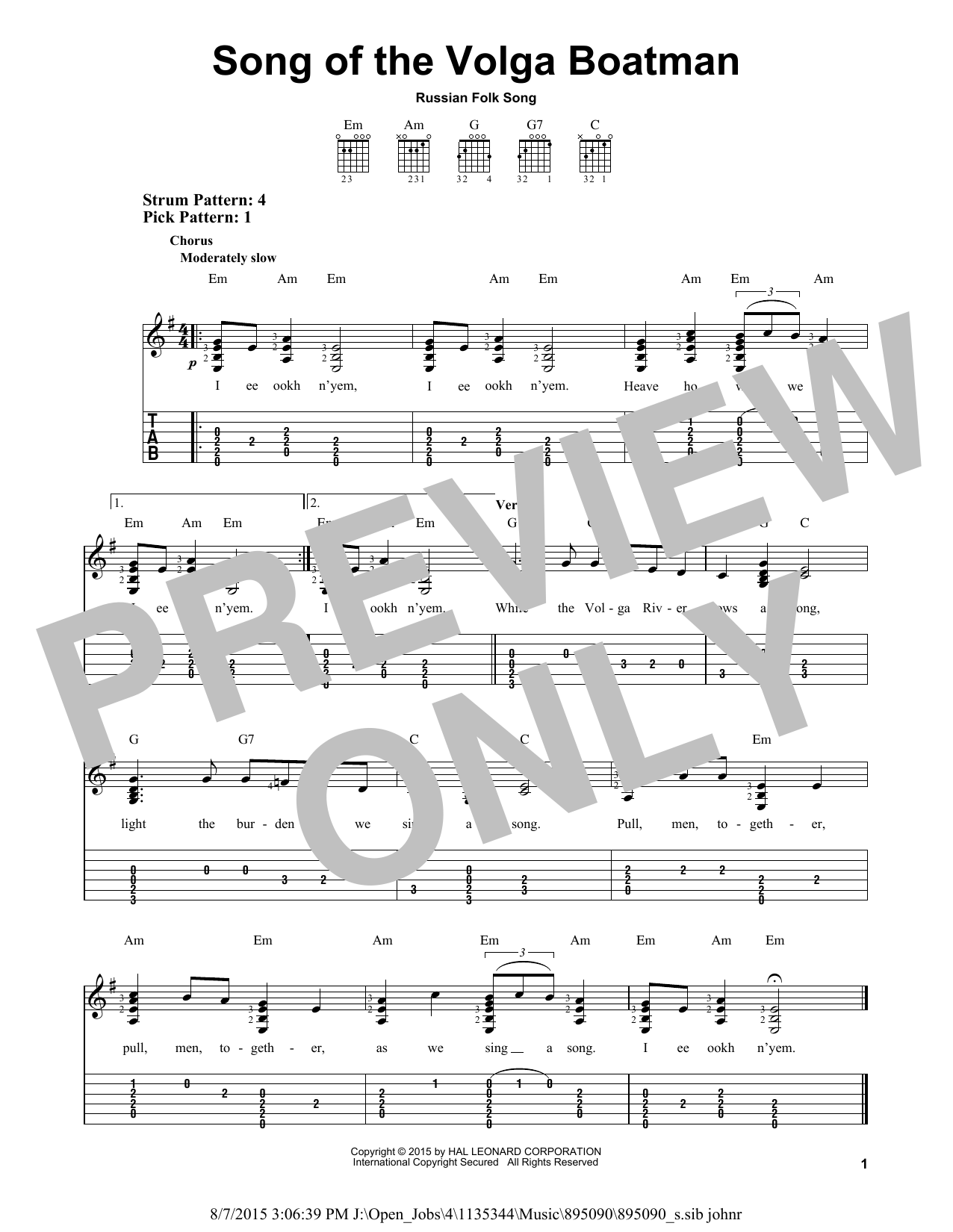 Russian Folk Song Song Of The Volga Boatman sheet music notes and chords. Download Printable PDF.