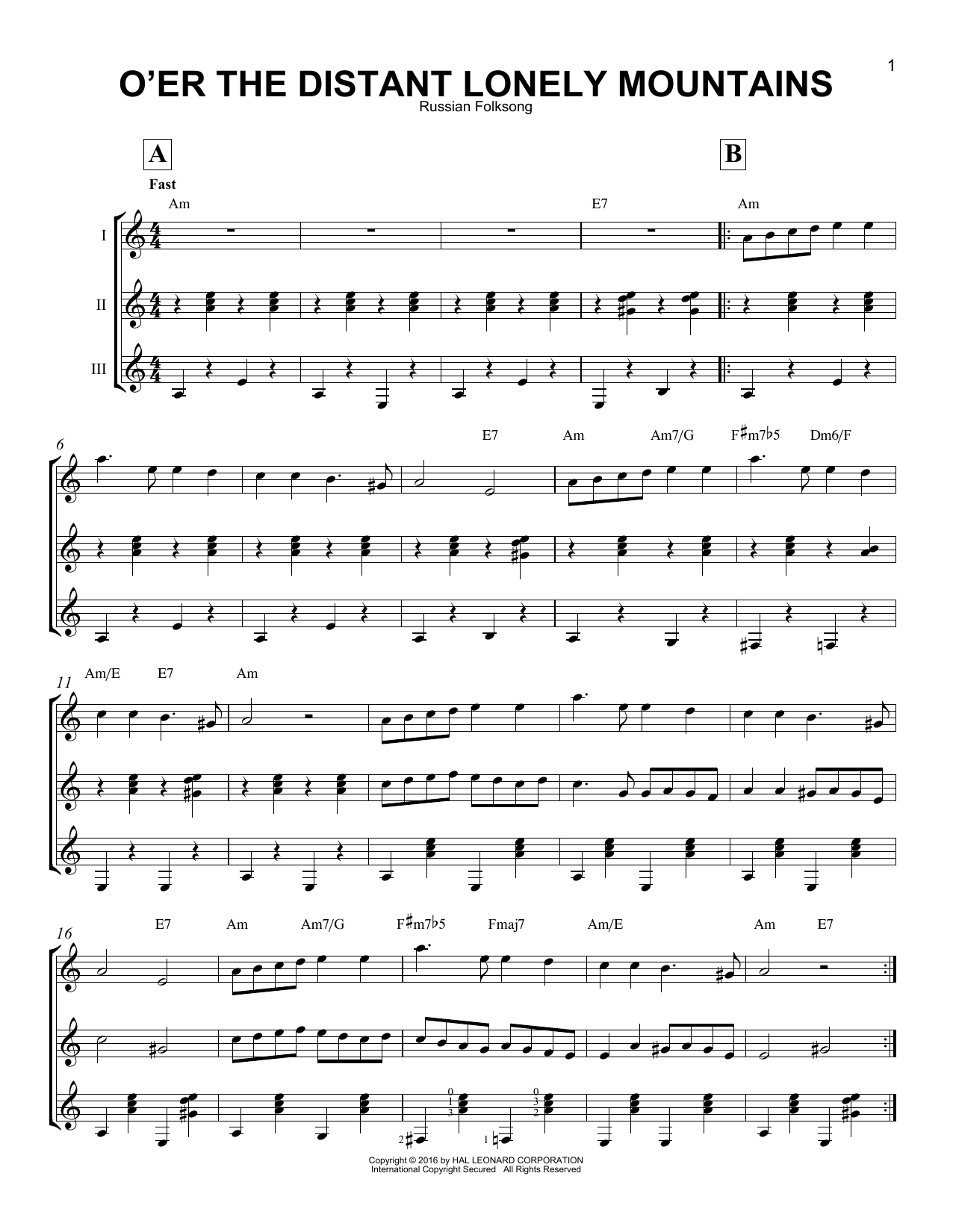 Russian Folksong O'er The Distant Lonely Mountains sheet music notes and chords. Download Printable PDF.