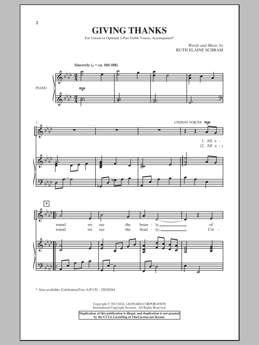 Learn to play Ruth Elaine Schram Giving Thanks sheet music for Unison Choir in minutes. Price: 3.9900$ Ruth Elaine Schram Giving Thanks sheet music notes and chords arranged for Unison Choir