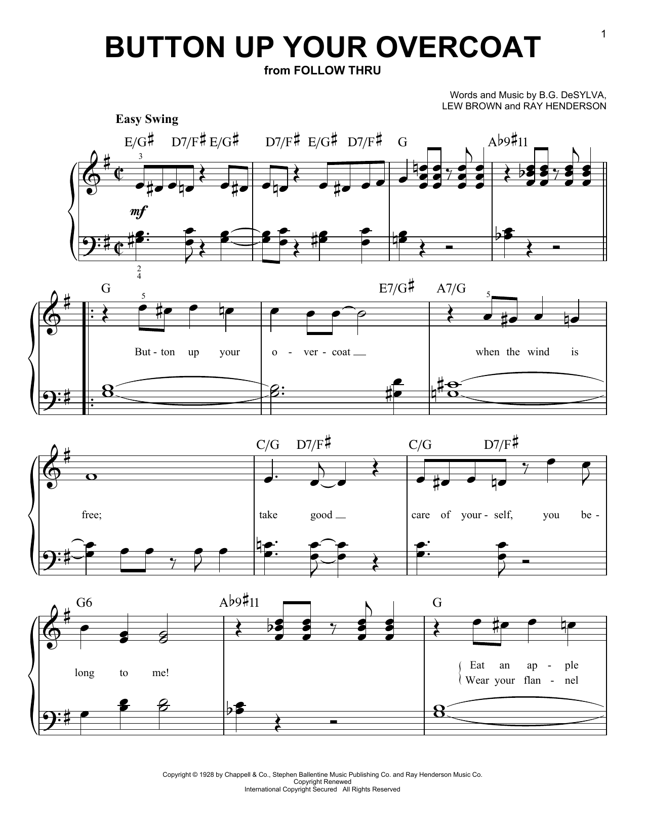 Ruth Etting Button Up Your Overcoat sheet music notes and chords arranged for Easy Piano