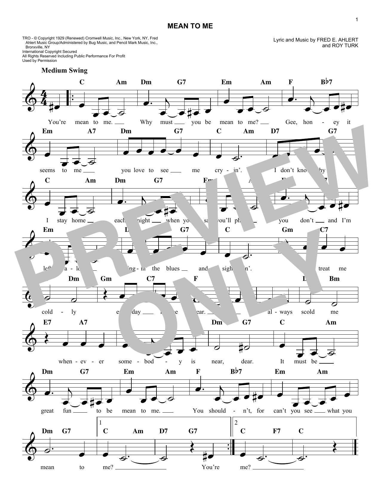 Fred E. Ahlert Mean To Me sheet music notes and chords arranged for Pro Vocal