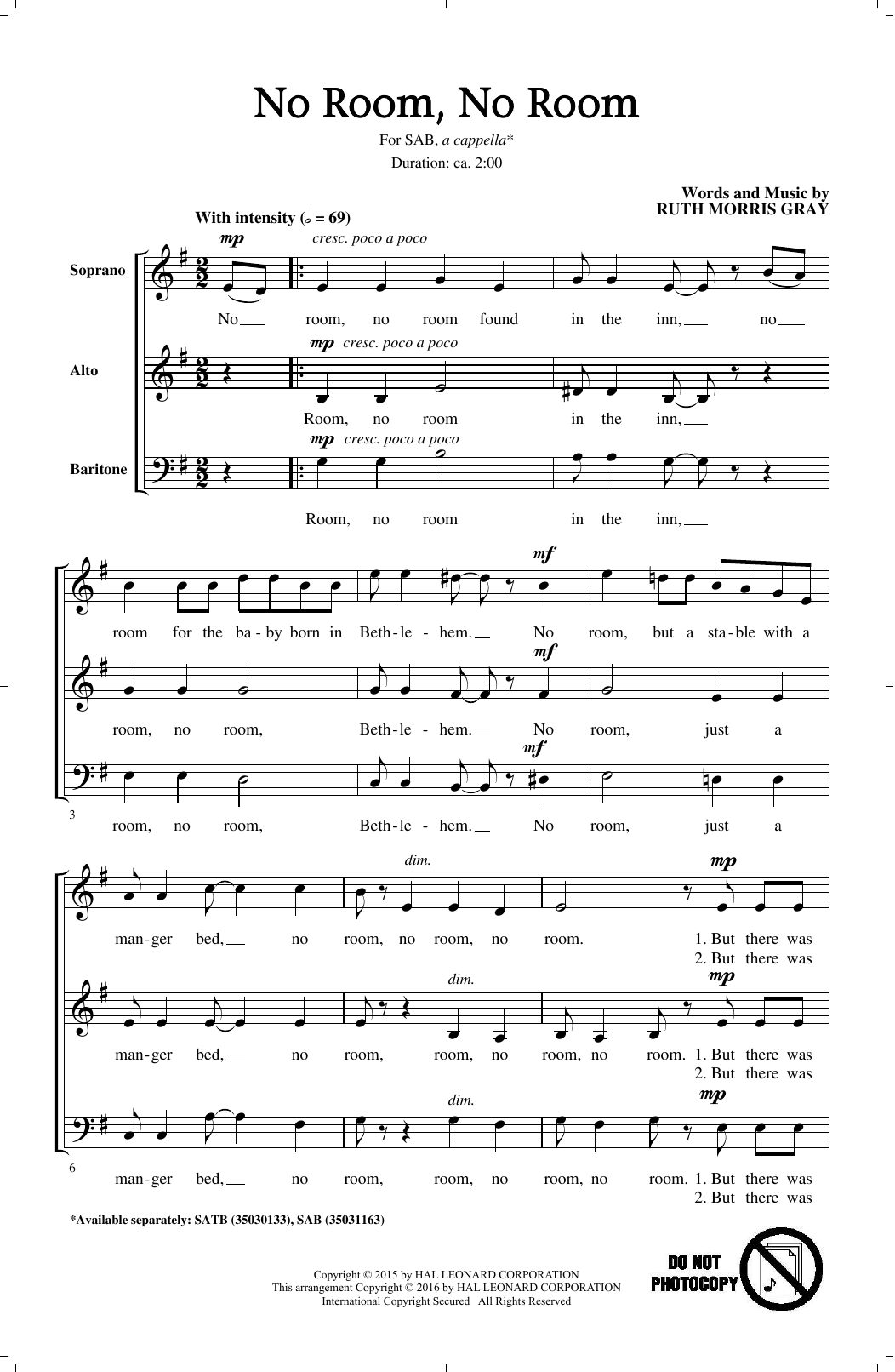 Ruth Morris Gray No Room, No Room sheet music notes and chords. Download Printable PDF.