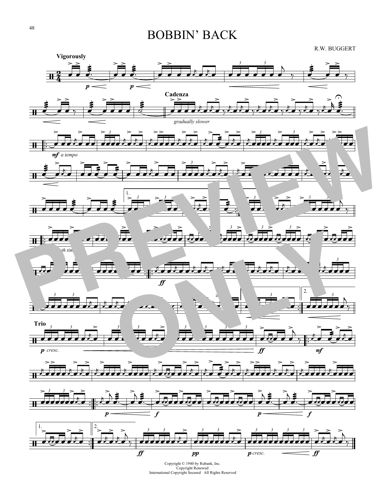 Learn to play R.W. Buggert Bobbin' Back sheet music for Snare Drum Solo in minutes. Price: 6.9900$ R.W. Buggert Bobbin' Back sheet music notes and chords arranged for Snare Drum Solo