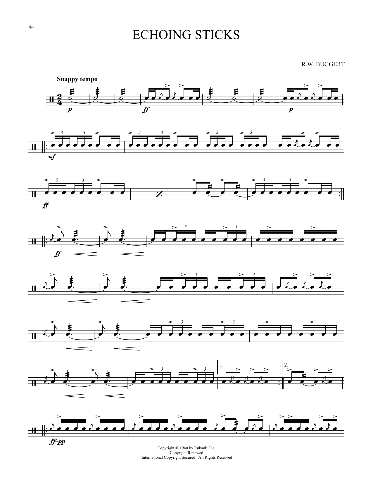 Learn to play R.W. Buggert Echoing Sticks sheet music for Snare Drum Solo in minutes. Price: 6.9900$ R.W. Buggert Echoing Sticks sheet music notes and chords arranged for Snare Drum Solo