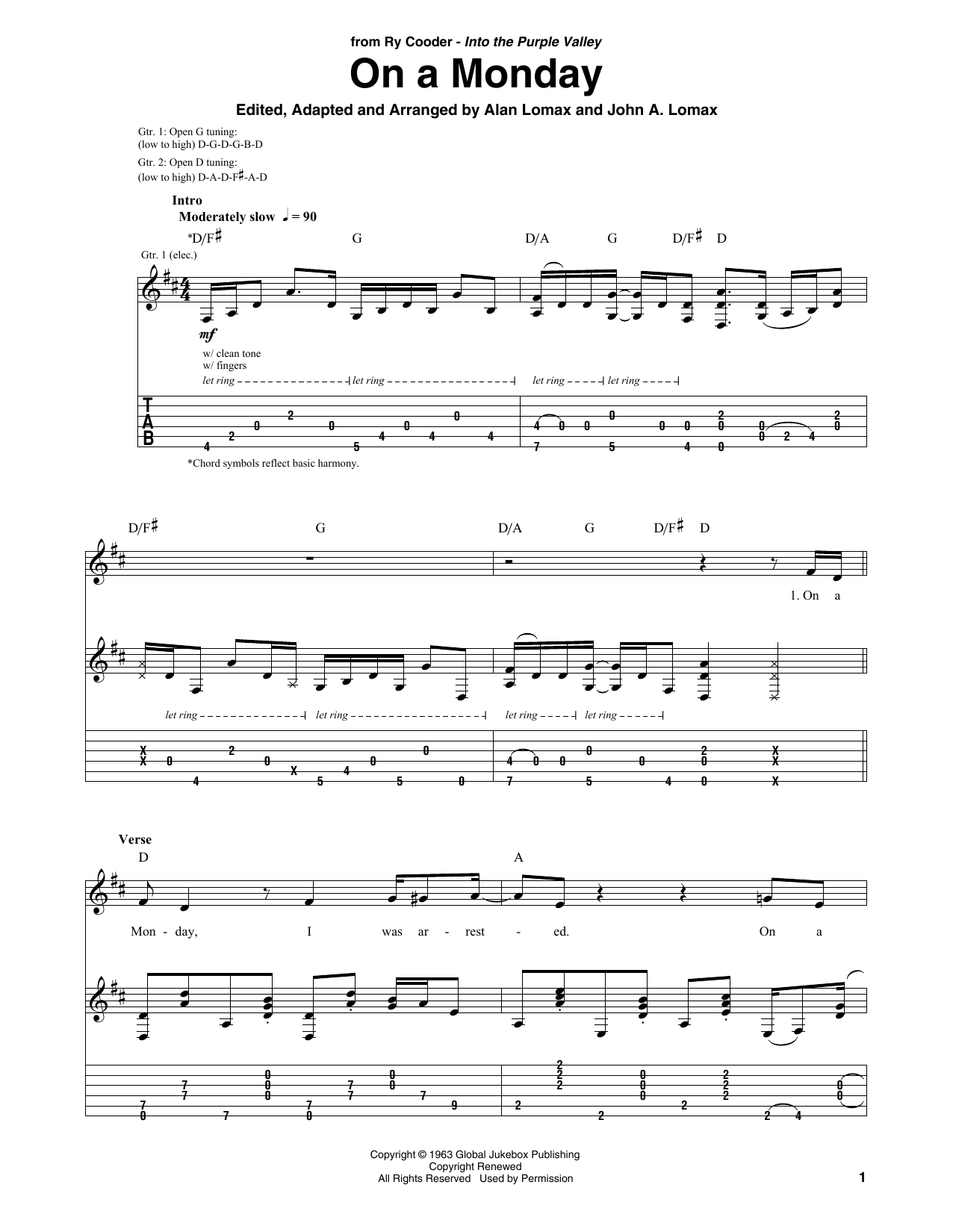 Ry Cooder On A Monday sheet music notes and chords. Download Printable PDF.