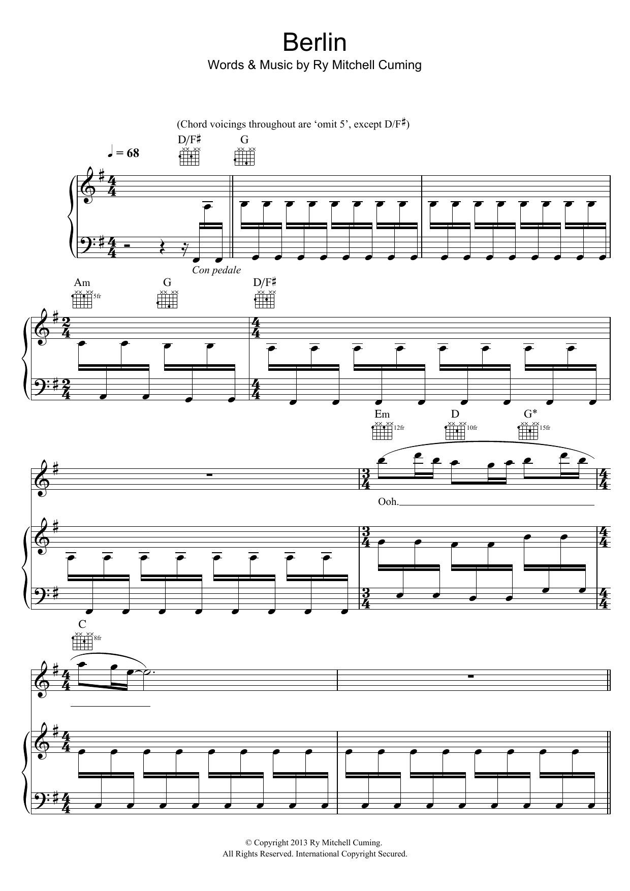 Learn to play RY X Berlin sheet music for Piano, Vocal & Guitar Chords in minutes. Price: 7.8900$ RY X Berlin sheet music notes and chords arranged for Piano, Vocal & Guitar Chords